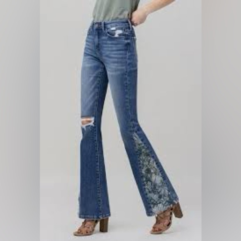 Driftwood Women's Blue Flare Jeans with Patterned Detail